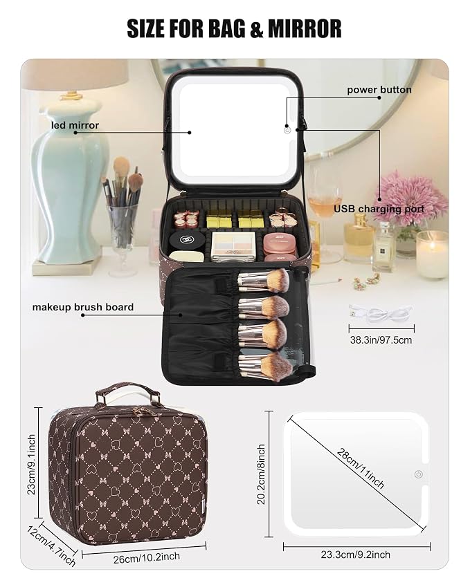 Relavel Travel Makeup Bag With LED Mirror, Portable Cosmetic Organizer Bag with
