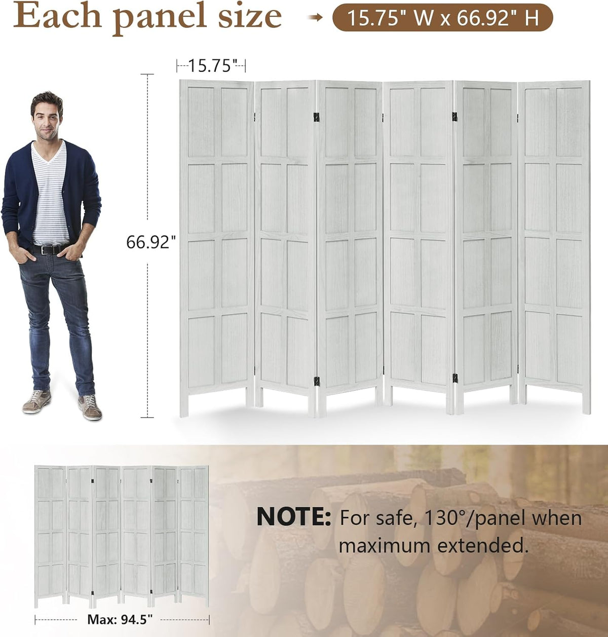6 Panel Room Divider, 5.6Ft Wood Room Dividers and Folding Privacy Screens, Room Divider Wall Freestanding Room Partitions, Room Dividers Screen for Home Office Restaurant Bedroom, White