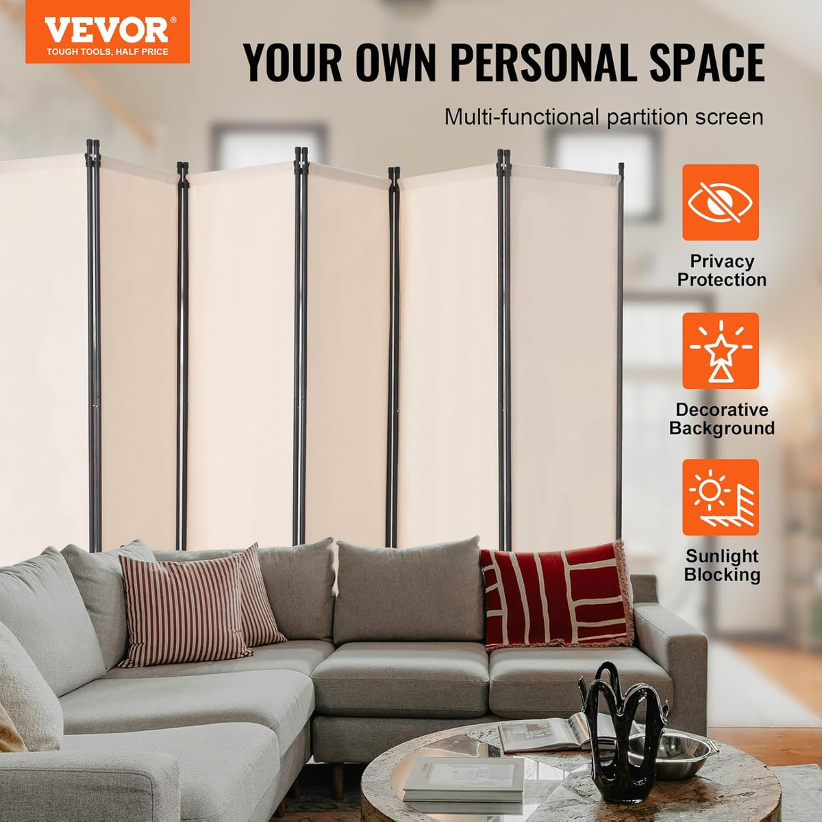 VEVOR Room Divider, 6 Panel Room Divider, Folding Privacy Screen and Portable Partition Divider for Room Separation, Freestanding Room Partitions for Office, Bedroom, Study, Beige