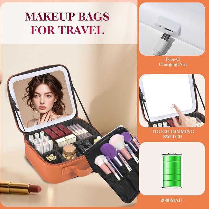 Travel Makeup Bag With LED Mirror, Makeup Travel Train Case with 3 Color Setting