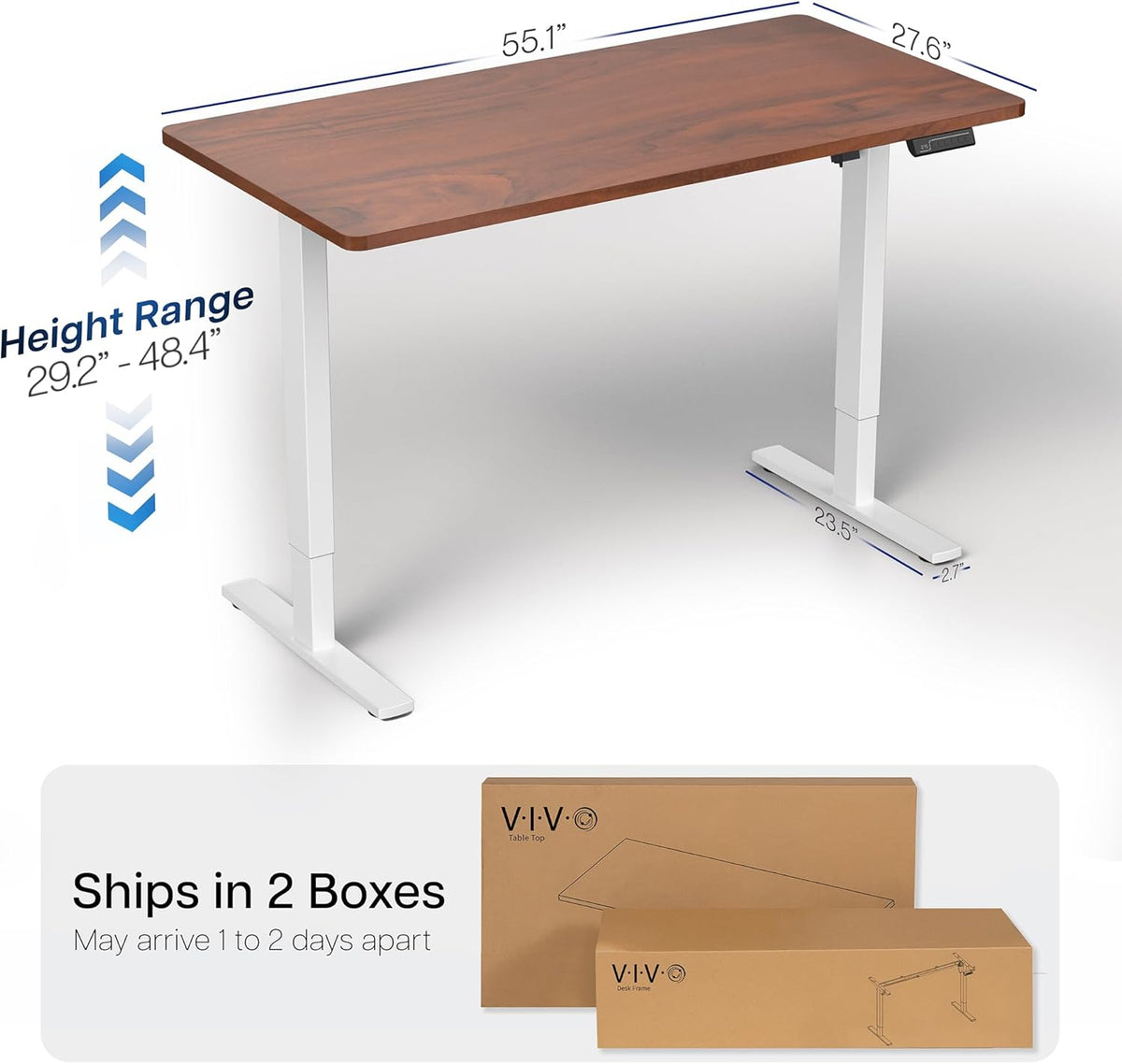 VIVO Electric 55 x 28 in Standing Desk, Memory Height Adjustment, 1B Series, One-Piece Dark Walnut Top, White Frame, DESK-KIT-1W55D