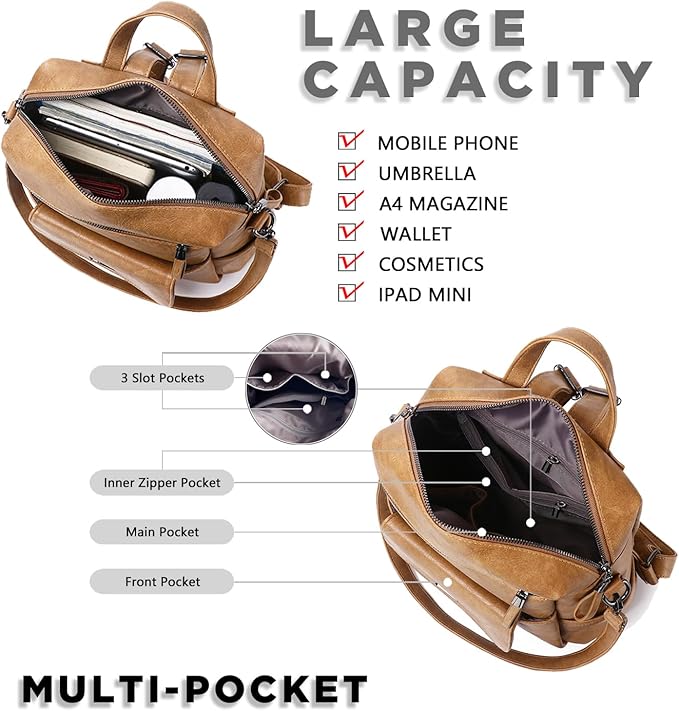 PU Leather Backpack Purse for Women Fashion Multipurpose Design Handbag Ladies
