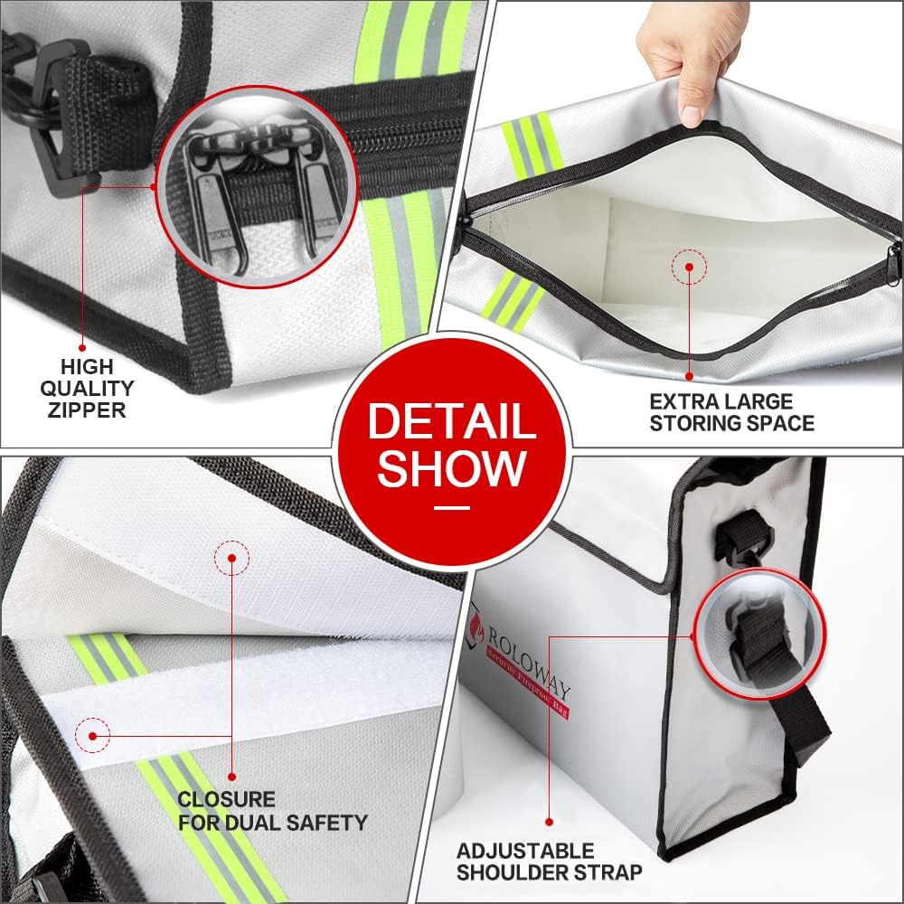 ROLOWAY Large (15 x 12 x 5 inches) Fireproof Bag with Reflective Strip, Water Resistant Fireproof Document Bag Safe for Money, Documents and Valuables Storage