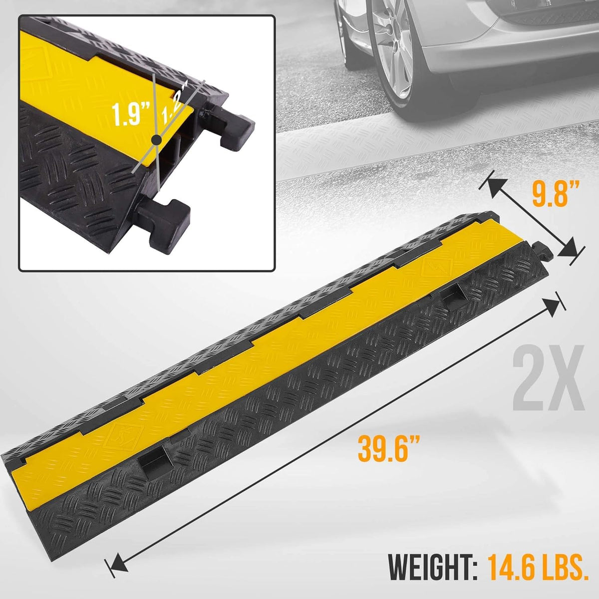 Pyle 2-Pack Heavy Duty Cable Ramp, Protective Cover with 2-Channel Design, 2000 lbs Load Capacity, Flip-Open Top, Non-Slip Surface, High Visibility Yellow, Suitable for Indoor and Outdoor Use