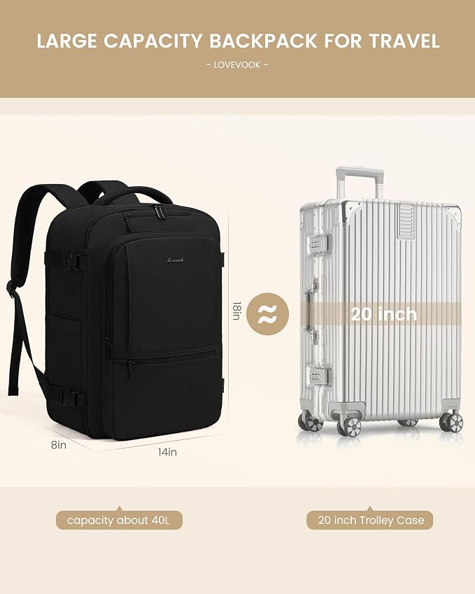 LOVEVOOK Travel Backpack for Women & Men, 40L Large Carry On Backpack Airline