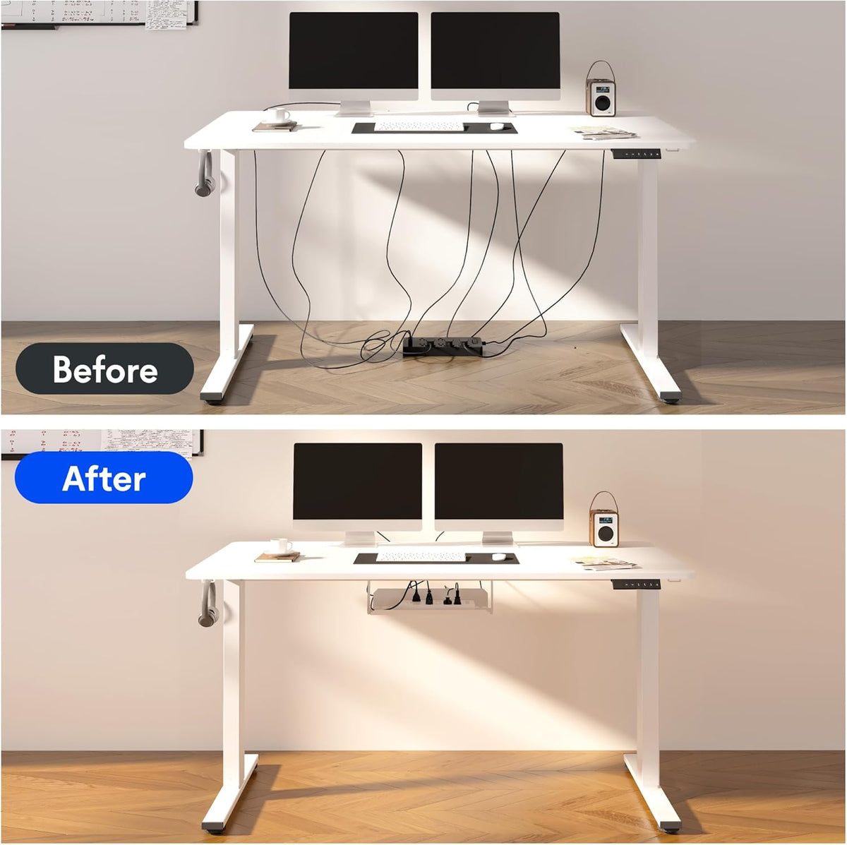 FLEXISPOT EN2 Whole-Piece Standing Desk with Clamp Power Strip, 48 x 30 Electric Stand Up Height Adjustable Desk with Cable Management (Black Frame + 48" Gray Wood Grain Desktop, 2 Packages)
