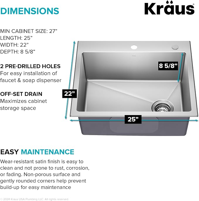KRAUS Fairlane 25-inch Drop In/Top Mount Single Bowl 18-Gauge Stainless Steel