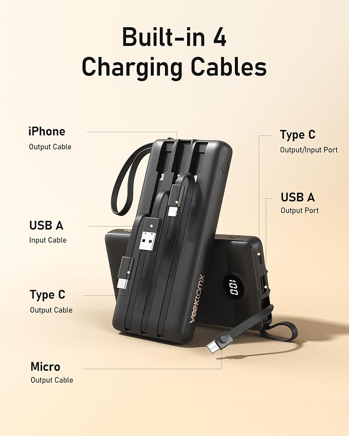 VEEKTOMX Portable Charger with Built-in Cables 10000mAh Power Bank