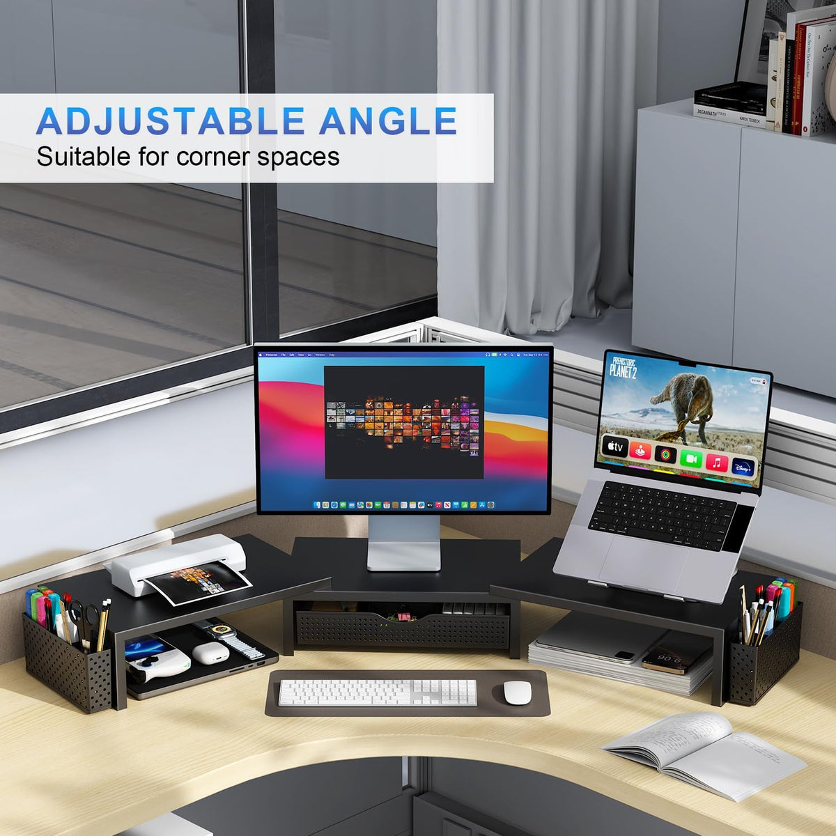 gianotter Dual Monitor Stand Riser, Desk Organizer With Drawer and 2 Pen Holders, Computer Monitor Stand, Shelf for Top of Desk, Black