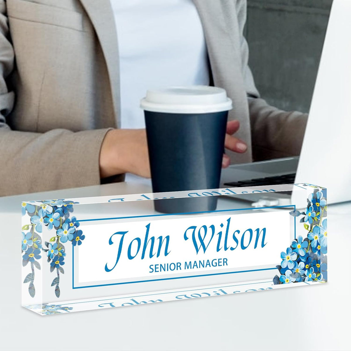 Name Plate for Desk Personalized, Acrylic Desk Decorations, Employee Appreciation Gifts, Custom Office Gifts for Coworkers, Boss, Teacher, Nurse (Myosotis)