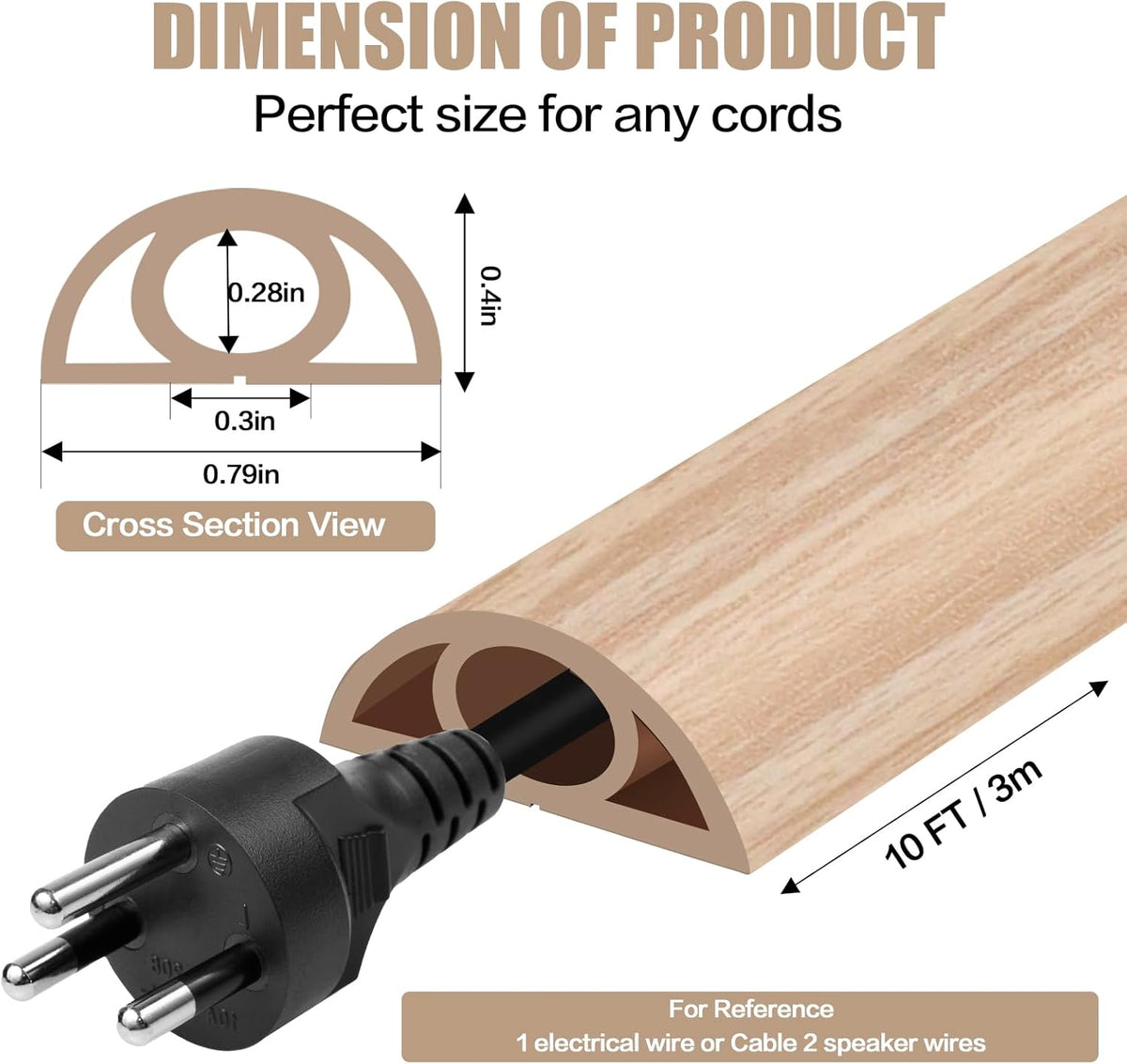 Floor Cord Cover Self Adhesive Cord Hider,10FT Cable Management, Extension Strip Protector for Wires, Prevent Cable Trips for Offices, Gyms, Exhibitions Cavity:0.3"(W) x0.28(H) WoodLightyellow