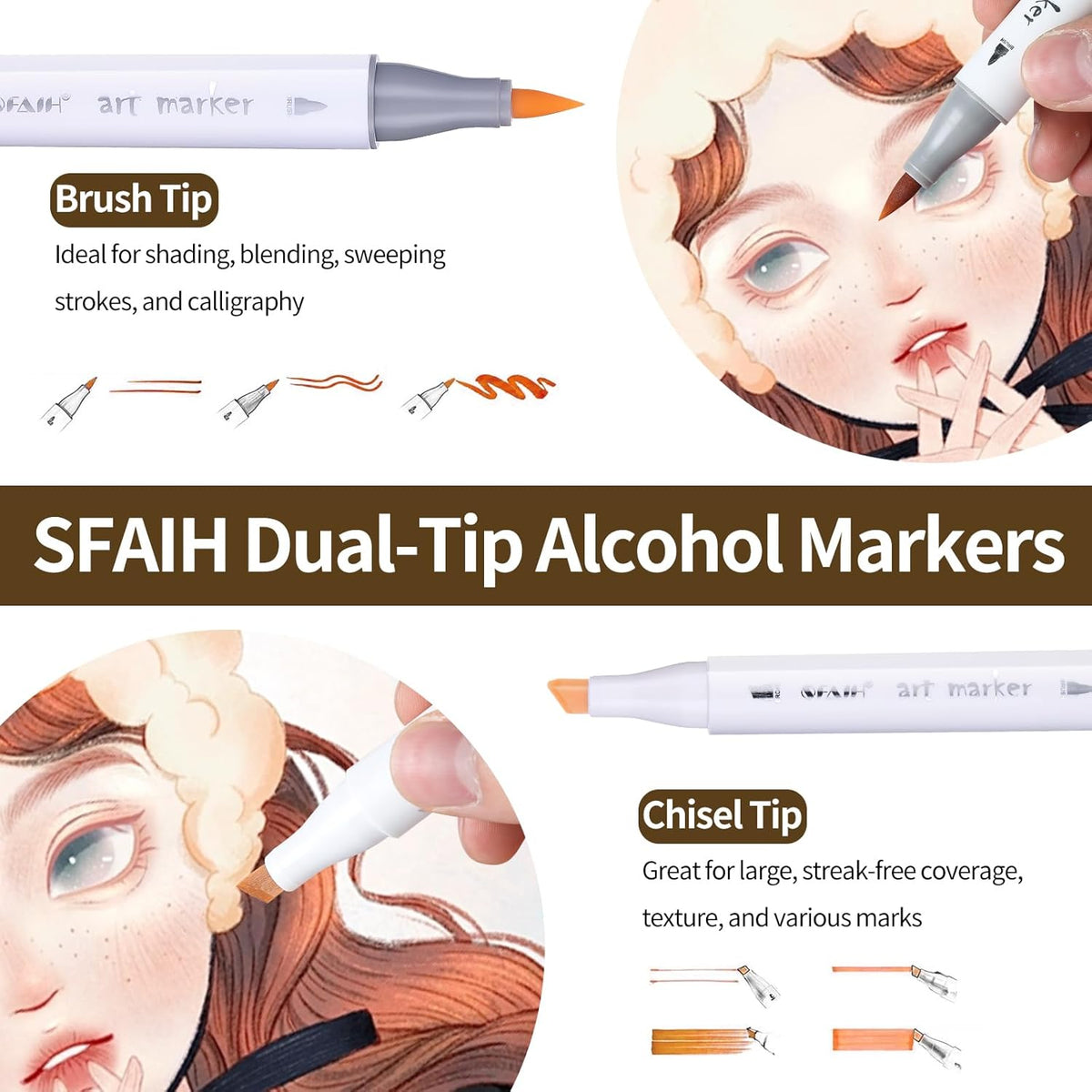 SFAIH Light Skin Tone Marker Pens 11 Colors + Mixed Color 0 - Dual Brush & Chisel Tips Art Marker Set for Portraits Coloring Drawing