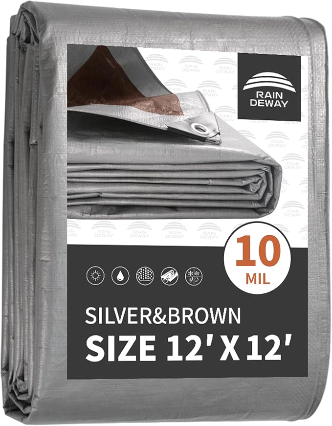 RAINDEWAY Tarps Heavy Duty Waterproof 12x12 Feet, 10Mil Multipurpose Poly Tarp