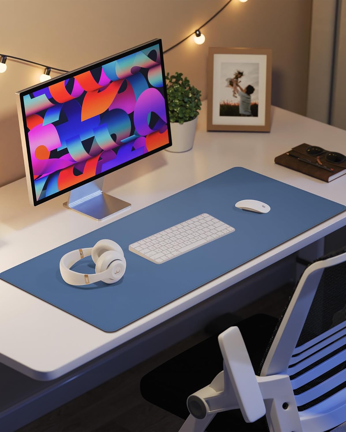 Leather Desk Pad Protector, Mouse Pad, Office Desk Mat, Non-Slip PU Leather Desk Blotter, Laptop Desk Pad, Waterproof Desk Writing Pad for Office and Home (Grey Blue, 31.5" x 15.7")