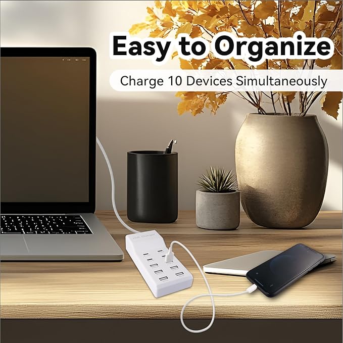 USB Charging Station, 10 Ports Family-Sized USB C Charger Block, USB Power Strip