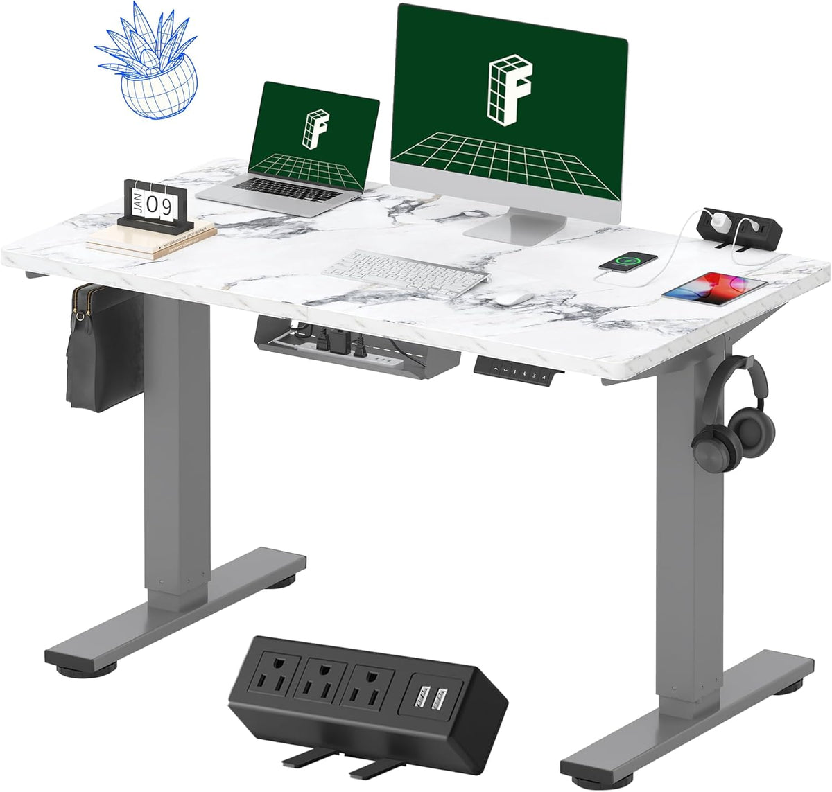 FLEXISPOT EN2 Whole-Piece Standing Desk with Clamp Power Strip, 48 x 24'' Electric Stand Up Height Adjustable Desk with Cable Management (Gray Frame + 48" Marble Gray, 2 Packages)