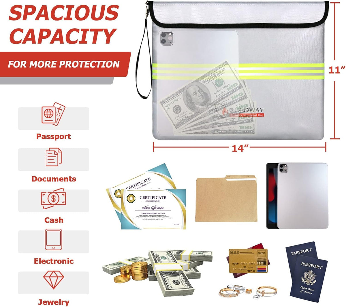 ROLOWAY Fireproof Document Bag (14 x 11 inch) with 5200℉ Upgraded Aluminum Foil Layer, Fireproof Bag for Documents with Reflective Strip and Zipper (Silver)