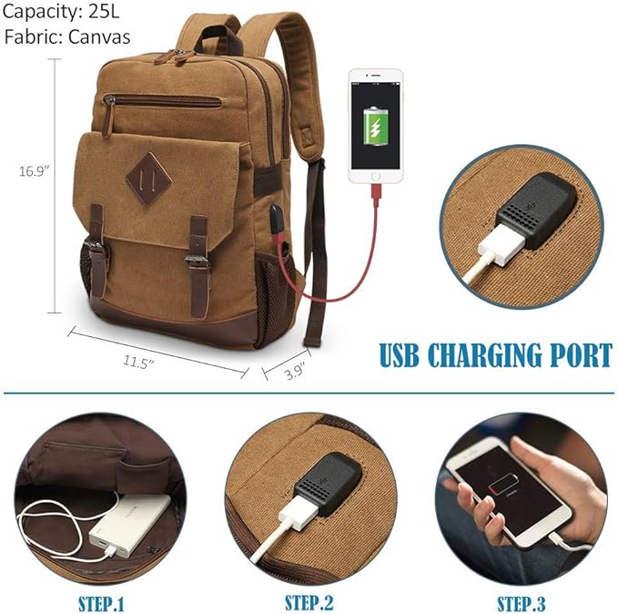Canvas Backpack for Men Women, Vintage Rucksack Fits Most 15.6 Inch Laptop