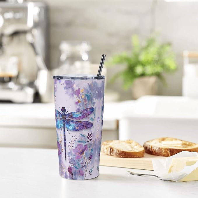 Dragonfly Tumbler with Lid and Straw 20oz Vacuum Insulated Coffee Cup Stainless Steel Tumblers Leakproof Travel Mug Present for Women Men