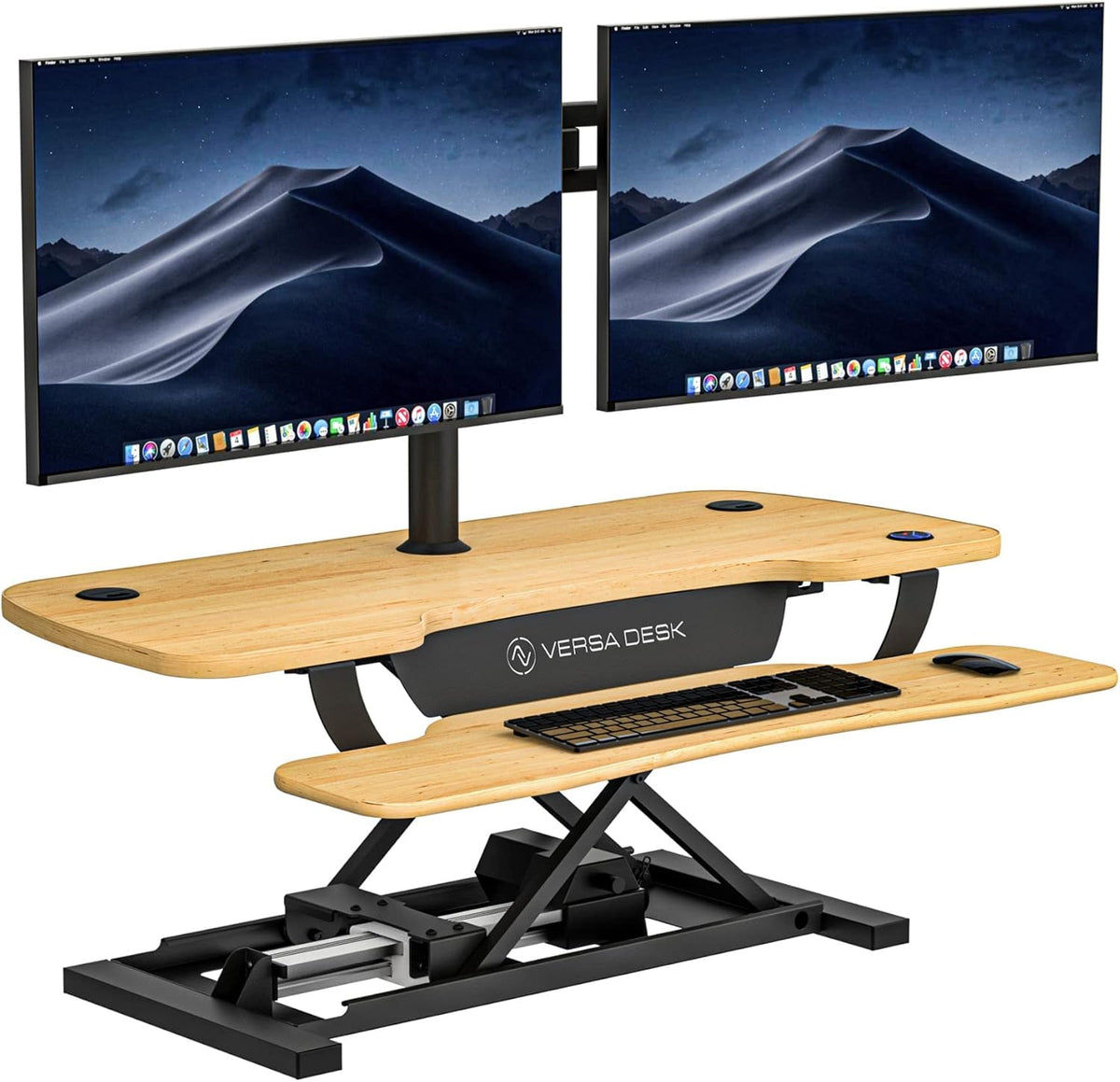 VRSADESK PowerPro™ Electric Standing Desk Converter - Height Adjustable Desk Riser with Keyboard Tray & USB Hub - Holds 80 lbs - Ergonomic Sit Stand Workstation for Home & Office | Maple (40” x 24”)