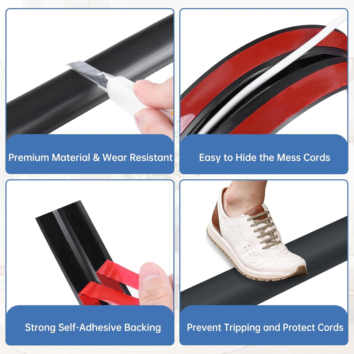 Floor Cord Cover Self Adhesive Cord Hider Floor Extension Cord Covers for Floor Power Cord Protector Cable Management Prevent Cable Trips Cable Cavity 0.32" W x 0.32" H (Black, 20Ft)