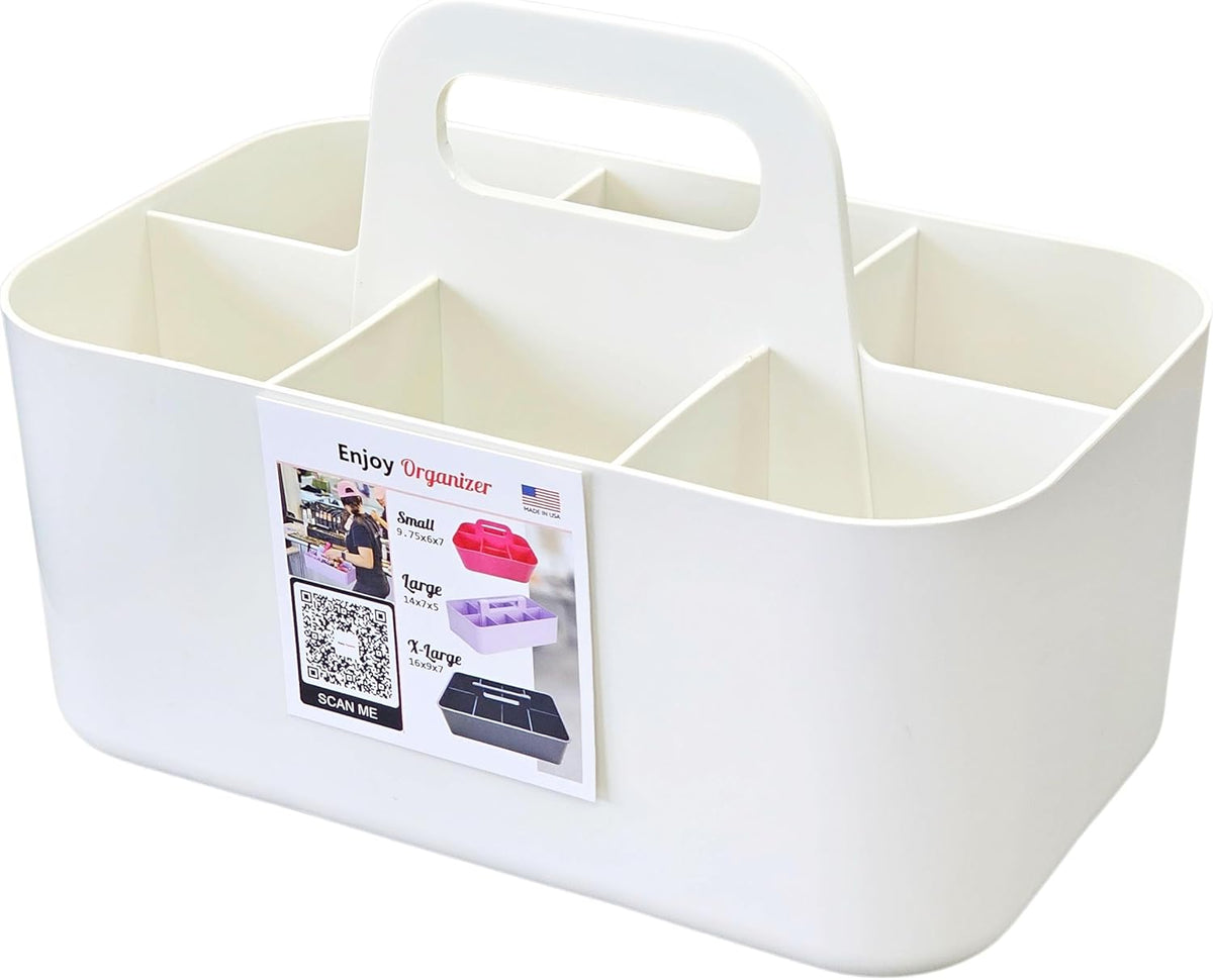 Small Stackable Plastic Caddy with Handle 6 Compartment | Desk, Makeup, Dorm Caddy, Classroom Art Organizers - 4 Pack, Made In USA (Ivory)