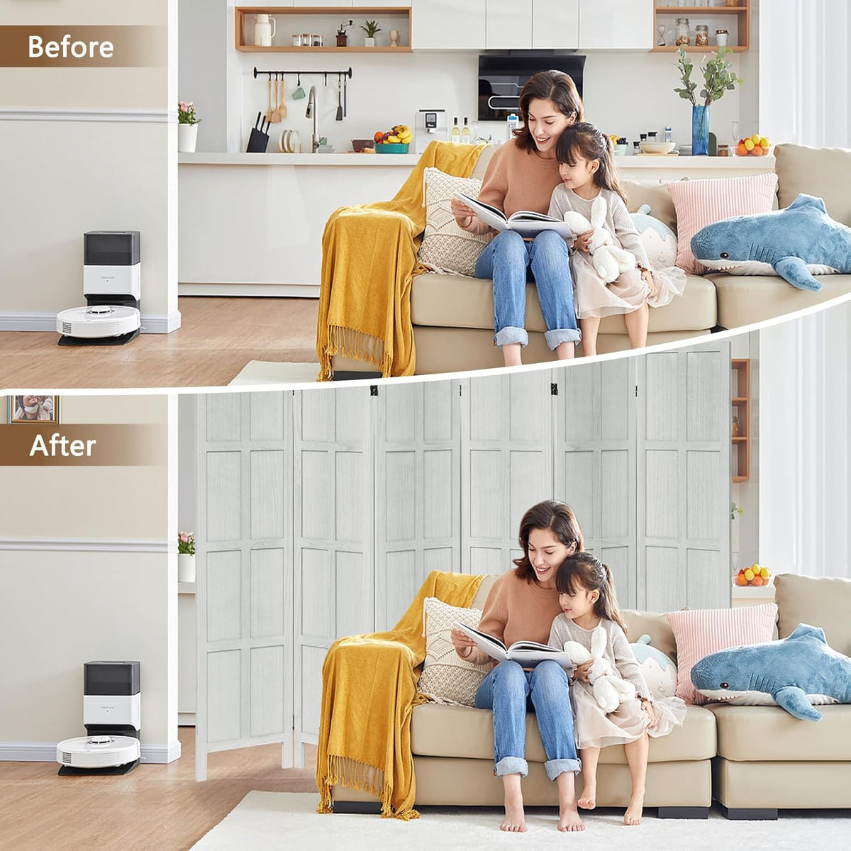 6 Panel Room Divider, 5.6Ft Wood Room Dividers and Folding Privacy Screens, Room Divider Wall Freestanding Room Partitions, Room Dividers Screen for Home Office Restaurant Bedroom, White