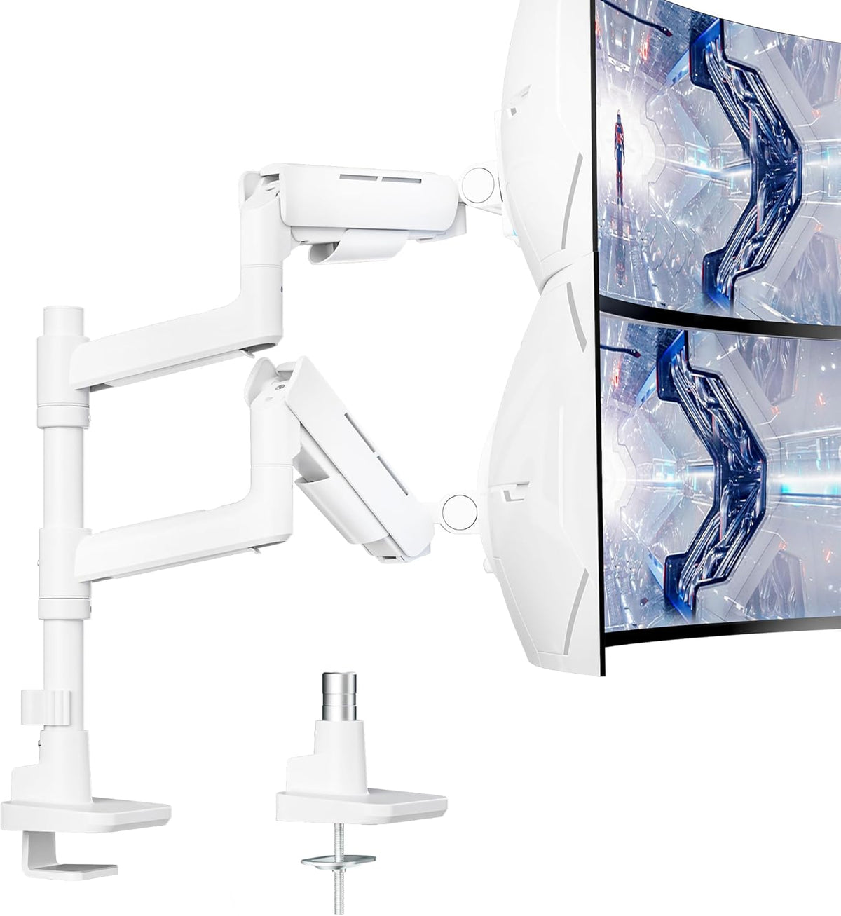ARES WING Dual Monitor Mount for 17-49 Inch Ultrawide Heavy Duty Curved Screen, Computer Monitor Arm Desk Mount, Gas Spring Adjustable Dual Monitor Stand for Desk, White