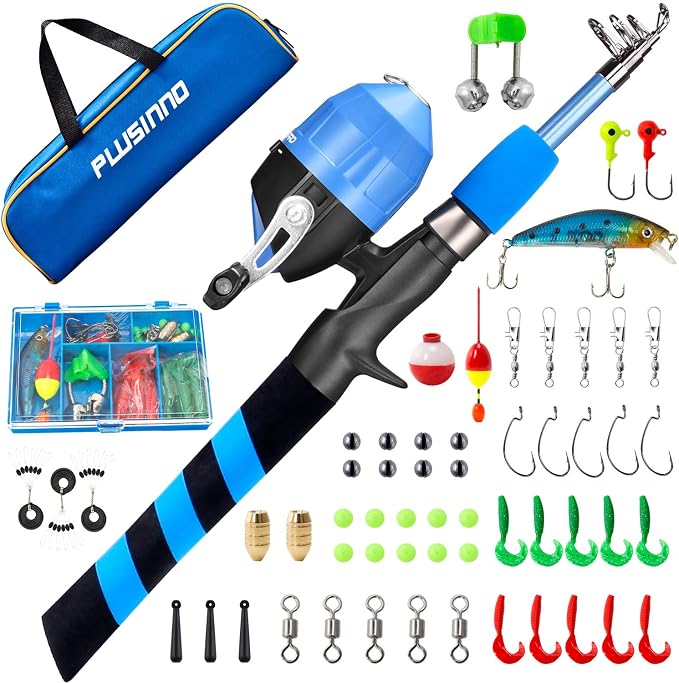 PLUSINNO Kids Fishing Pole, Portable Telescopic Fishing Rod and Reel Combo Kit -