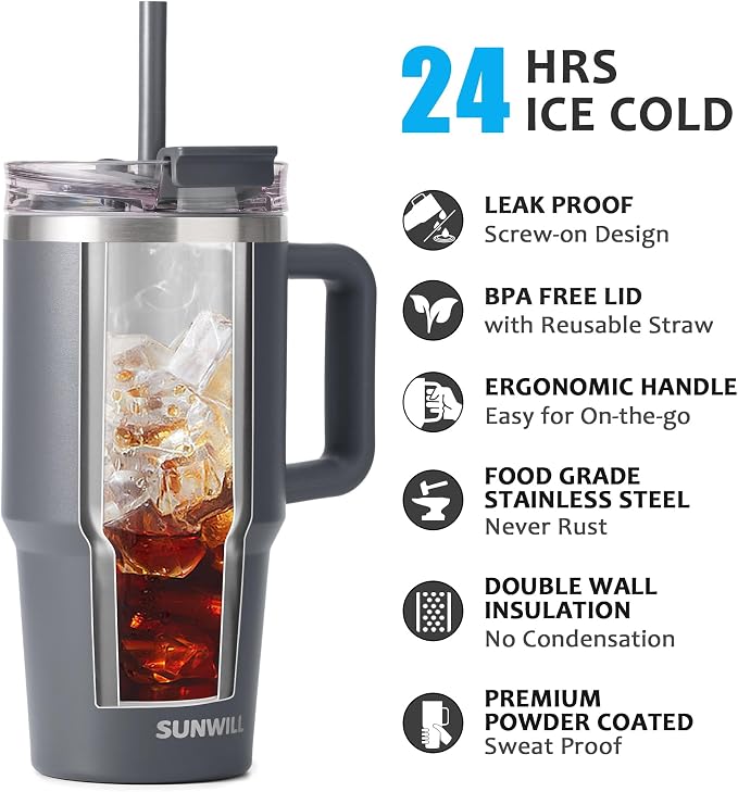 SUNWILL Coffee Tumbler with Handle, 20 oz Travel Mug with Lid and Straw Insulated, Stainless Steel Cup Leak Proof for Travel & Outdoor, Cupholder Friendly, Powder Coated Charcoal