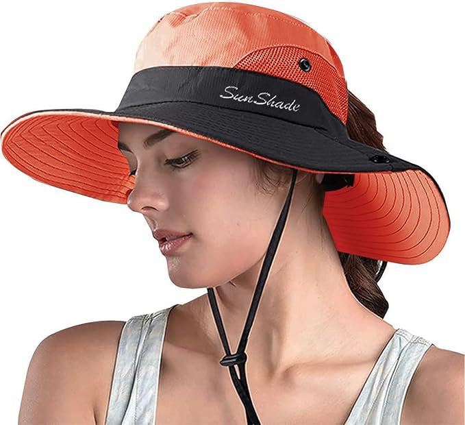ZOORON Women's Ponytail Safari Sun Hat, Wide Brim UV Protection Outdoor Bucket
