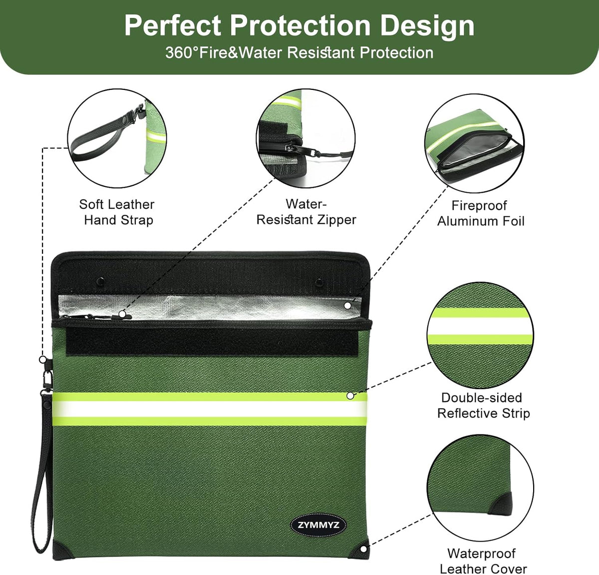 Fireproof Document Bag with Water Resistant Zipper,6200°F Heat Insulated Fire Proof Pouch with Soft Leather Hand Strap,Fire and Waterproof Envelope for Cash,Documents,Jewelry