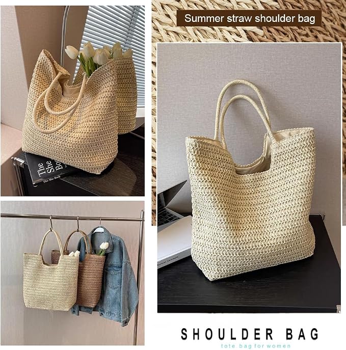 Straw Beach Bags for Women Woven Beach Tote Bag Casual Boho Large Shoulder