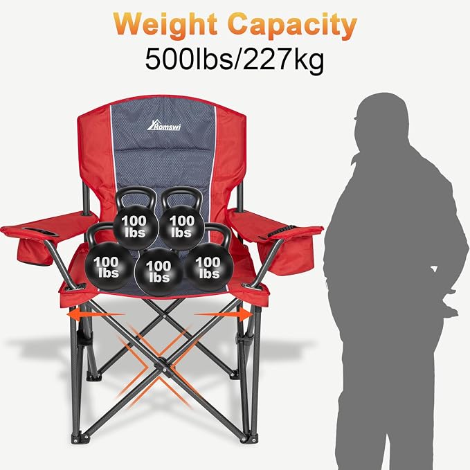 Romswi Oversized Camping Chairs, Heavy Duty Support 500 LBS, Padded Back & Arm