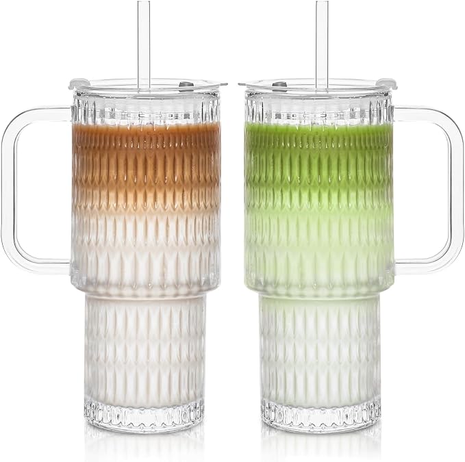 INSETLAN 26oz Raindrop Glass Tumbler with Handle and Lid, Set of 2 – Reusable Iced Coffee Cups with Lids, Clear Glass Cups with Straw for Coffee, Smoothies, Tea, Juice – Perfect for any Occasion