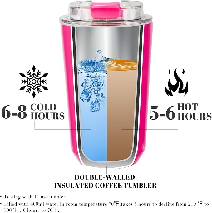 Puraville Insulated Tumblers with Lid, 14 oz Travel Coffee Mug Stainless Steel Vacuum Cup, Leak Proof Reusable Double Walled Coffee Tumbler for Iced and Hot Drinks, Fuchsia
