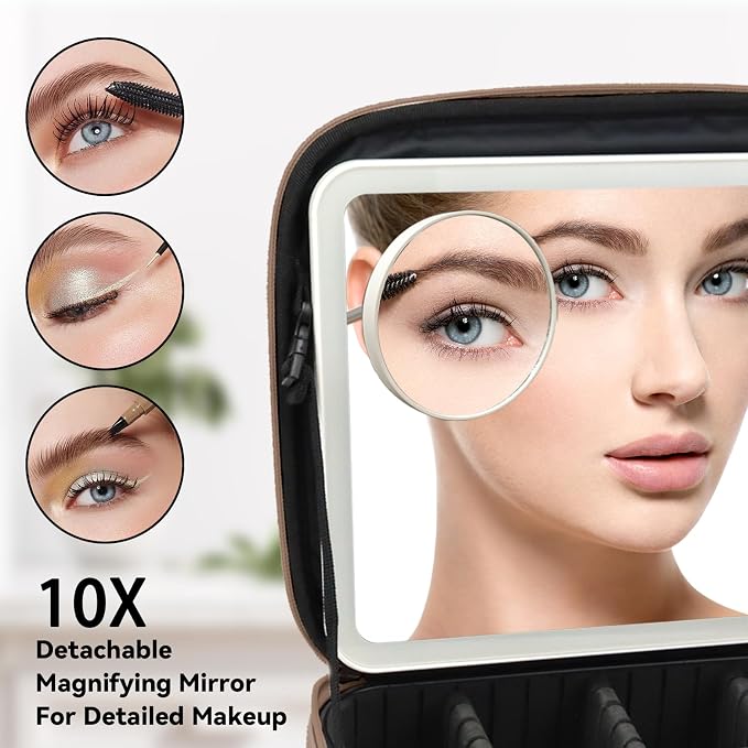Travel Makeup Bag with LED Mirror and 10x magnifying glass with 3 Lighted