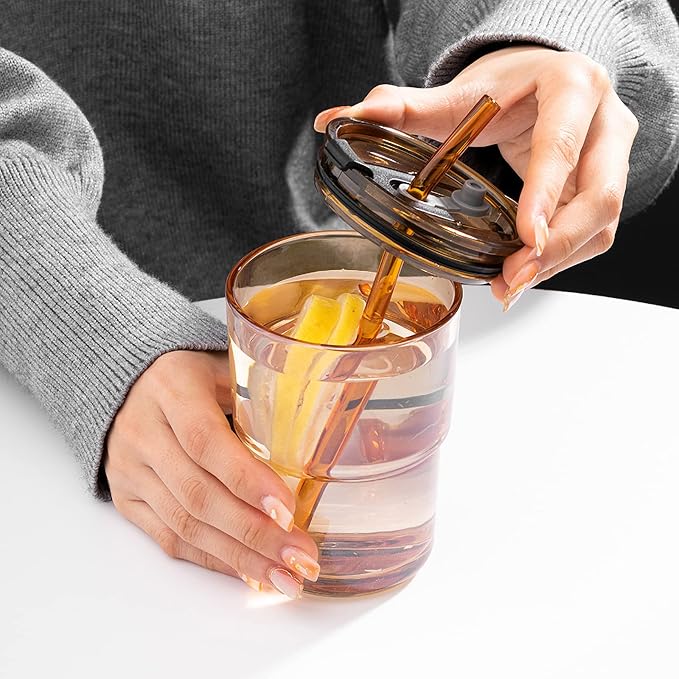 BLUEPOLAR 13oz/400ml Tumbler Water Glass, Cups with Straw and Lid Sealed Carry on for Coffee, Iced Tea, Thick Wall Insulated Glass Cup（Amber 2-Pack）
