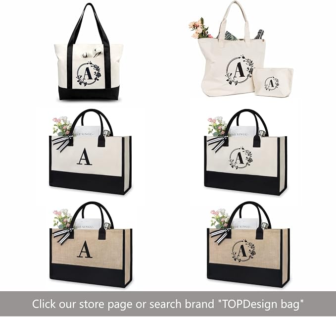 TOPDesign Initial Jute/Canvas Tote Bag, Personalized Present Bag, Suitable