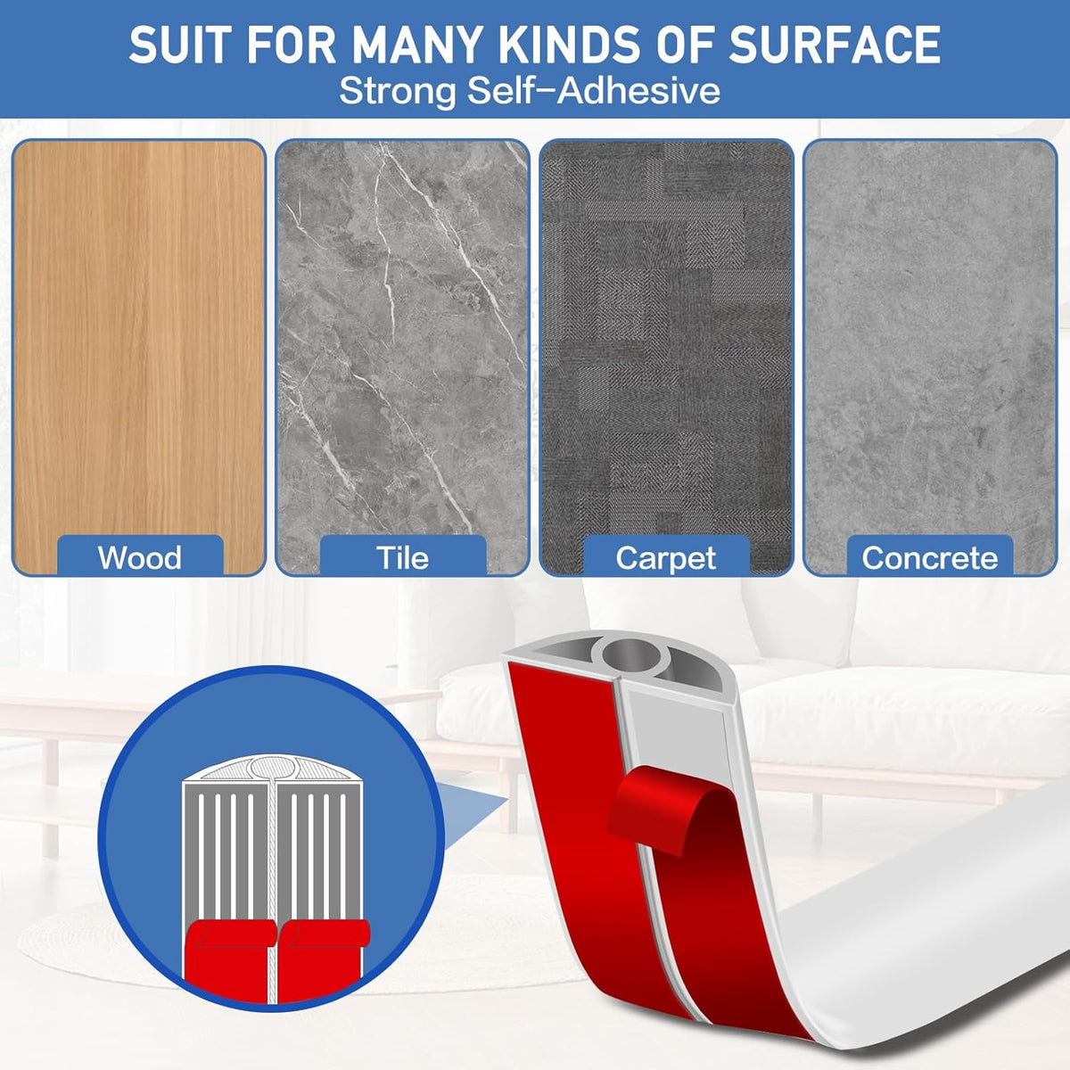 Floor Cord Cover Self Adhesive Cord Hider Floor Extension Cord Covers for Floor Power Cord Protector Cable Management Prevent Cable Trips Cable Cavity 0.32" W x 0.32" H (White, 20Ft)