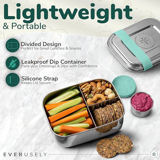 Everusely - Bento Box - Green, 27oz / 0.8 L - Stainless Steel Lunch Box with Leakproof Condiment Container - 3 Compartment Snack Organizer for On the Go Meals - Freezer & Dishwasher Safe