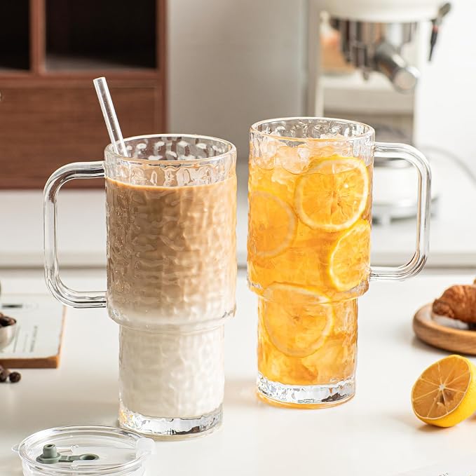 INSETLAN 26oz Water Ripple Glass Tumbler with Handle and Lid, Set of 2 – Reusable Iced Coffee Cups with Lids, Clear Glass Cups with Straw for Coffee, Smoothies, Tea, Juice – Perfect for any Occasion