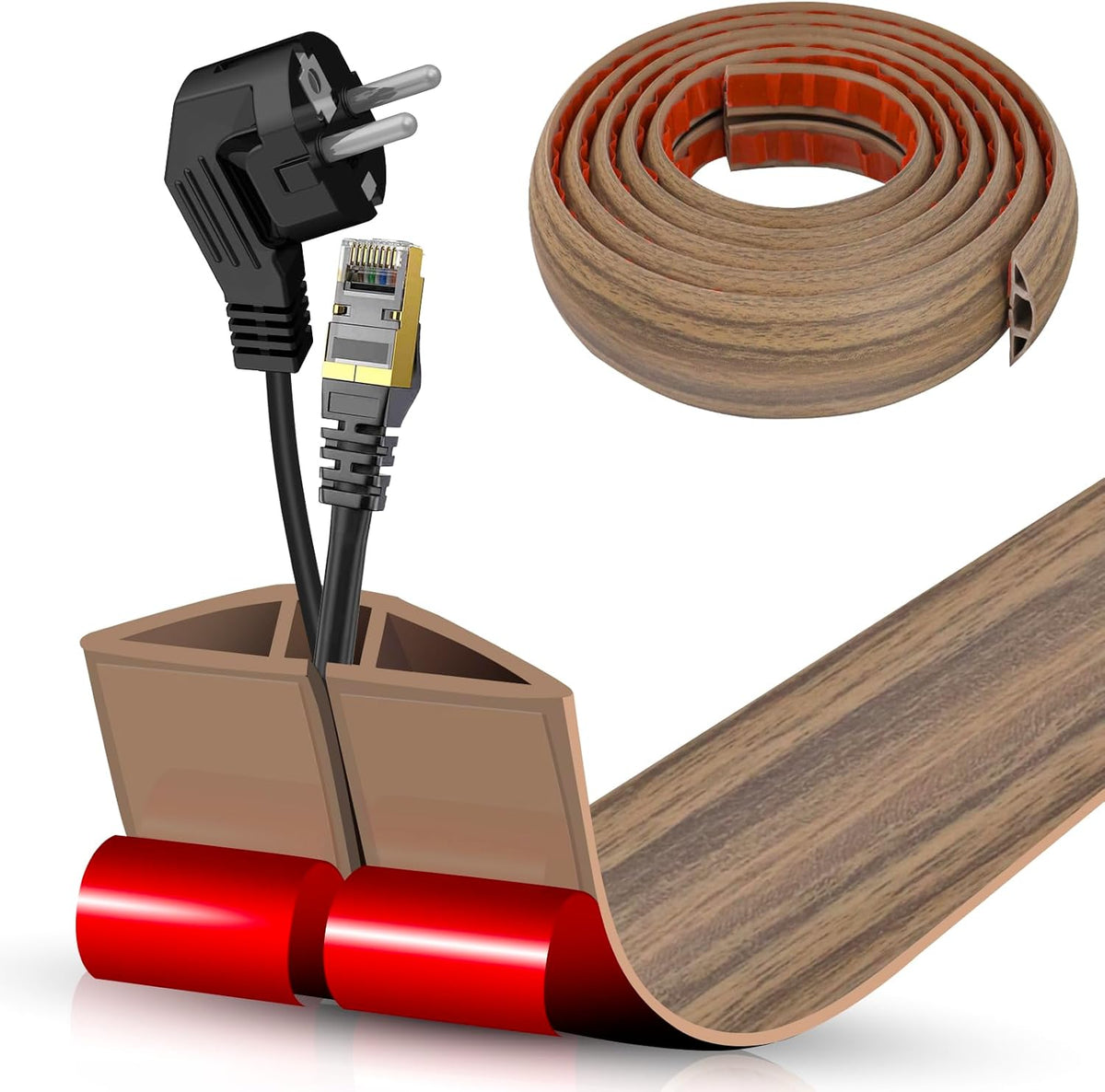 Floor Cord Cover Self Adhesive Cord Hider,10FT Cable Management, Extension Strip Protector for Wires, Prevent Cable Trips for Offices, Gyms, Exhibitions Cavity:0.47"(W) x0.35(H) Woodsmokedbrown