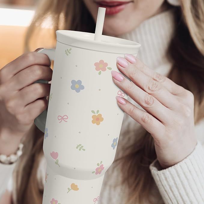 Floral 40oz Slider Tumbler with Handle and Straw - Insulated Stainless Steel Travel Coffee Mug for Women Girls, Gift for Birthday Christmas