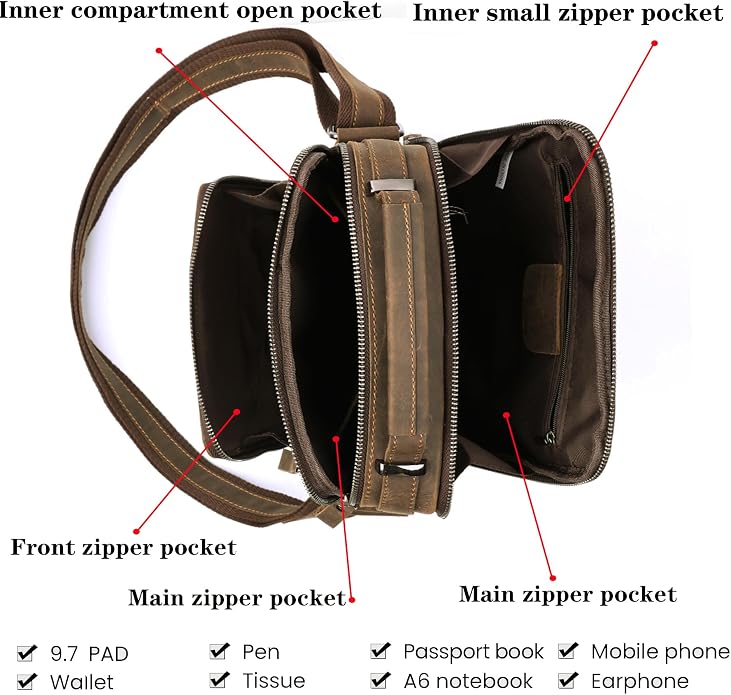 KPYWZER Genuine Leather Shoulder Bag Small Men Messenger Pack Handbag Sling