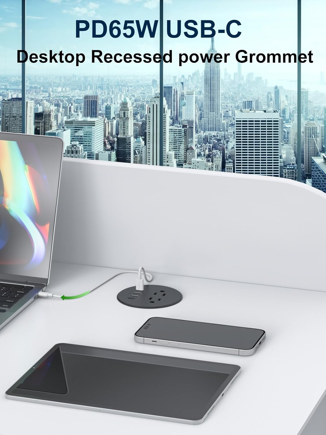 Recessed Power Grommet 3 inch With 65W USB C Ports 2 AC Outlets,Recessed Outlet Fast Charging Station,Desk Hole Grommet Outlets,Round Desktop Power Grommet Outlet for Office,Home (Black, 65W USB Port)