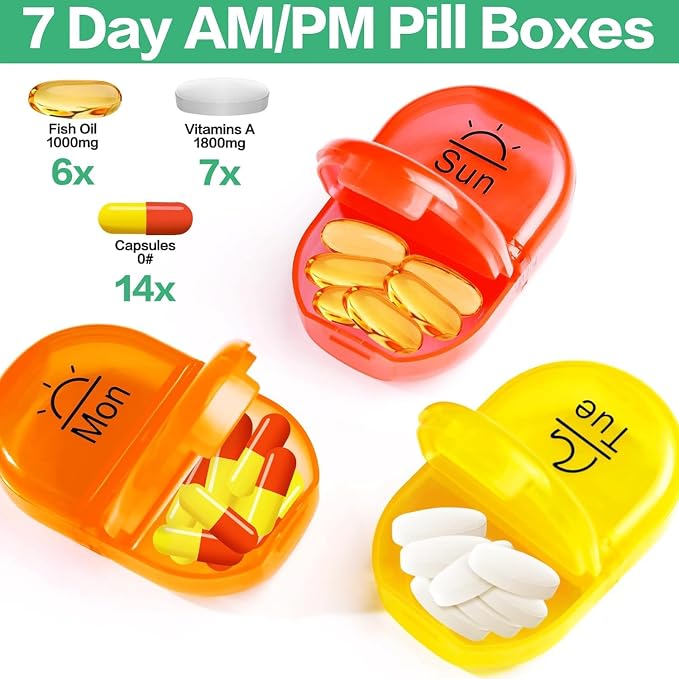 Serfeymi Weekly Travel Pill Organizer 2 Times A Day AM PM Upgraded Rainbow Pill