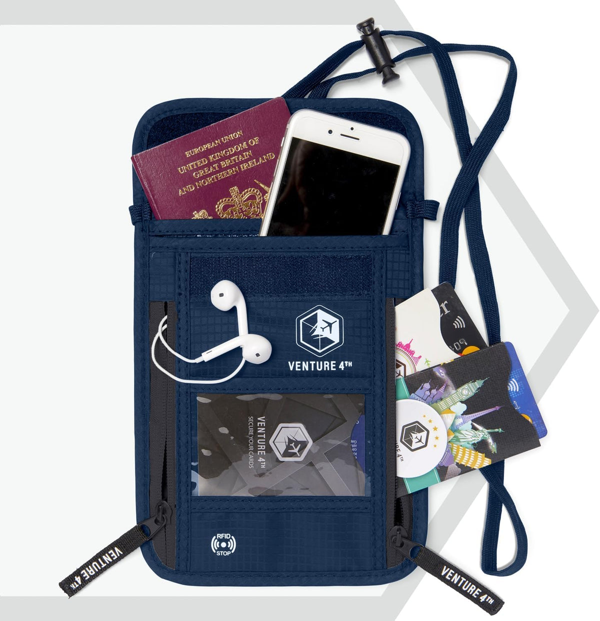 VENTURE 4TH Passport Holder Neck Pouch With RFID Blocking – Hidden Neck Wallet (Navy Blue)