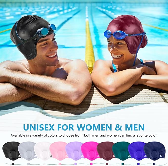Swim Cap for Long Hair, Silicone Swimming Cap for Adult Women Men with 3D Ear Protection, Waterproof Large Swim Hats Bathing Caps to Keep Hair Dry with Ear Plugs Nose Clip