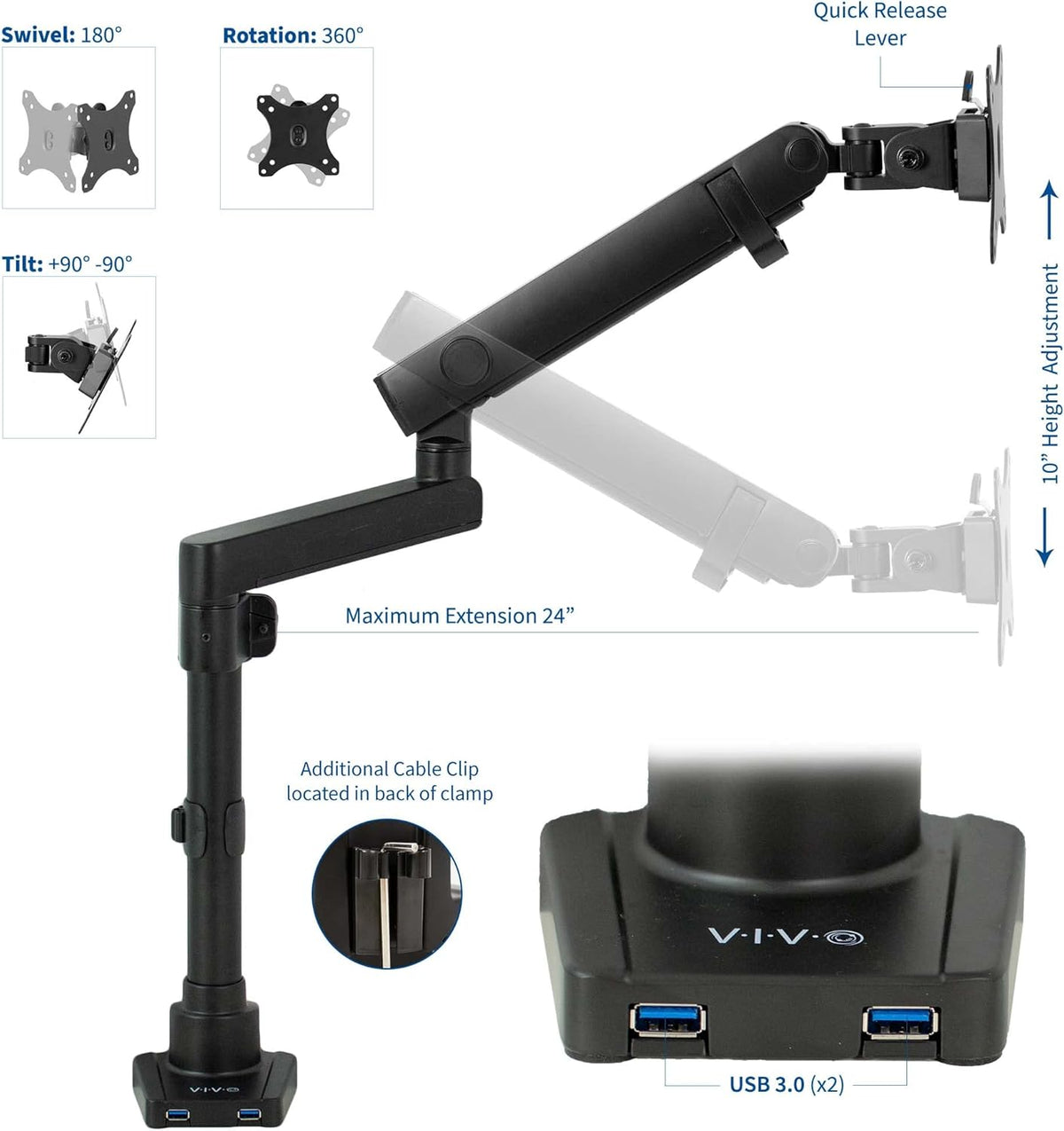 VIVO Premium Aluminum Full Motion Single Monitor Desk Mount Stand with Lift Engine Arm, Pole Extension, and USB Ports, Fits Screens up to 32 inches, STAND-V101BDU